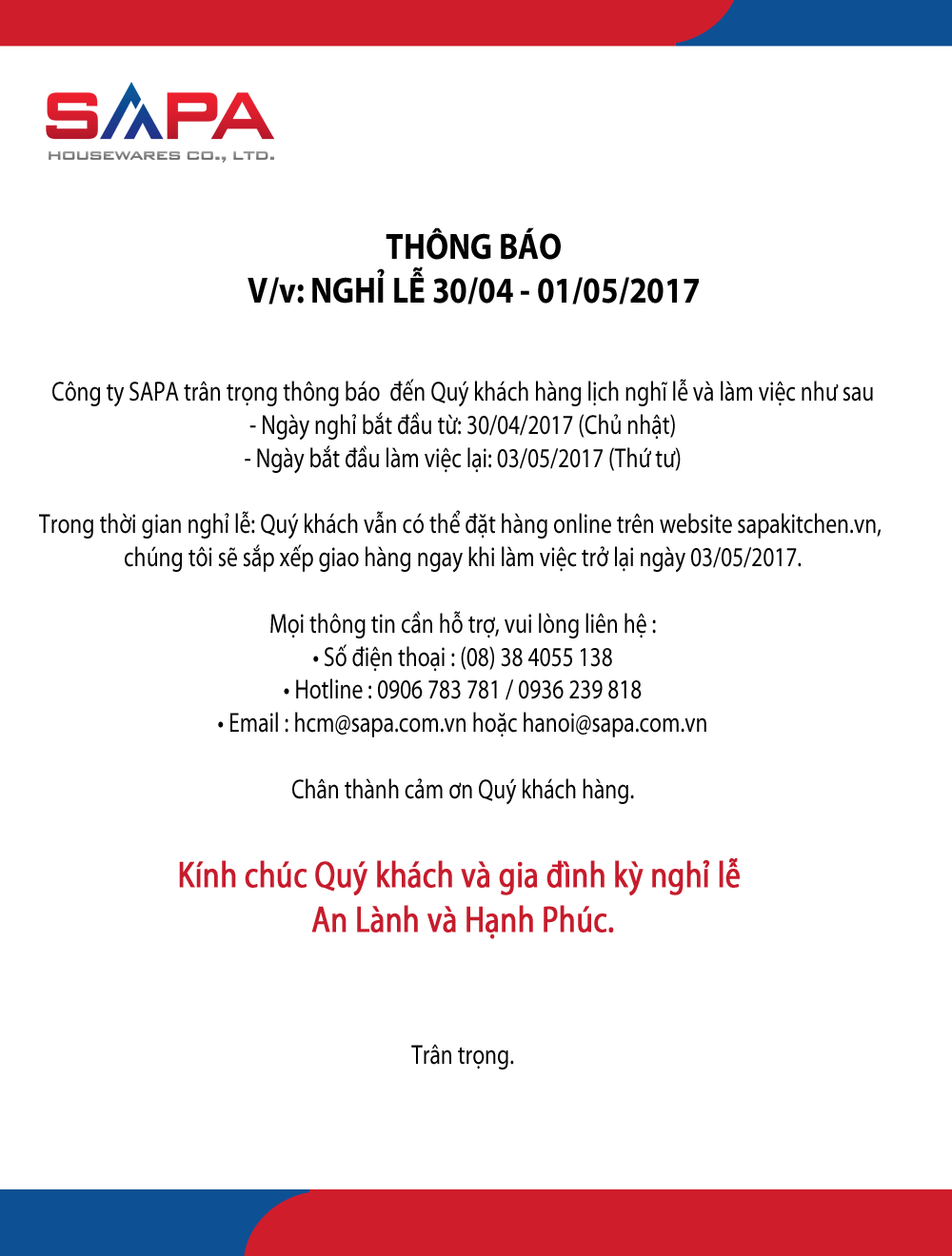 THÔNG BÁO NGHỈ LỄ 30/04 - 01/05/2017