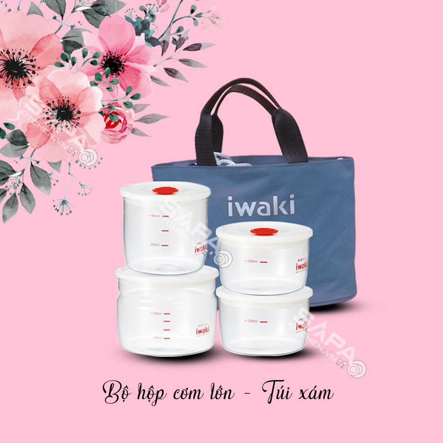 Bộ 4 hộp thuỷ tinh iwaki kèm túi giữ nhiệt